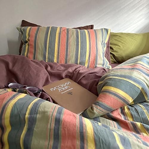 mixinni Vintage Striped Duvet Cover Set Queen Size - 3 Piece 100% Washed Cotton Bedding Set, Soft & Breathable, Colorful Striped Pattern Printed Comforter Cover for All Seasons thumbnail 4