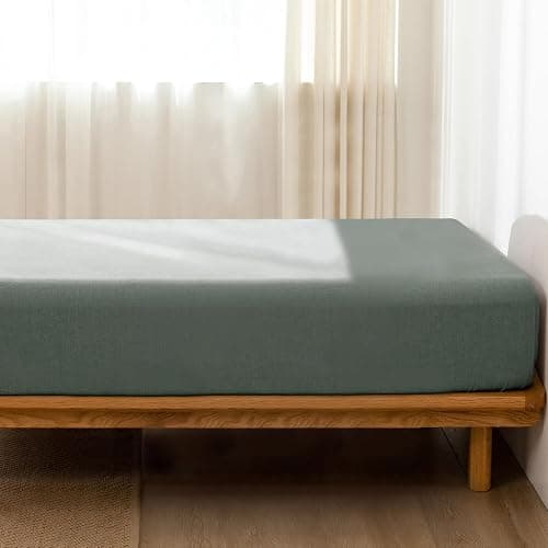 MooMee Fitted Bottom Sheet Only 100% Washed Cotton Linen Like Textured Breathable Durable Soft Comfy Deep Pocket Fits Mattress up to 17" (Heathered Green, King) thumbnail 3