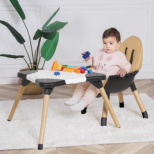 6 in 1 High Chair for Babies & Toddlers, Convertible Wooden Baby Highchair, Table and Chair Set, Baby Feeding Chair, 5-Point Adjustable Harness/4-Position Removable Tray& PU Seat Cushion (Black) thumbnail 7