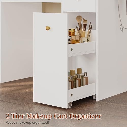 UPOSOJA 49.3“Large LED Mirror with Lights,Makeup Vanity Desk with 6 Drawers,Power Outlet,Glass Tabletop,Storage Shelf,Rolling Makeup Cart,Hairdryer Rack White thumbnail 7