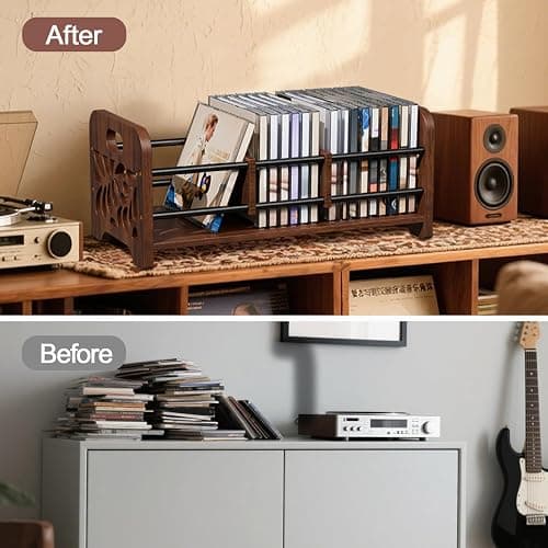 QILICHZ CD Holder,DVD Holder Storage,Wood CD Rack Organizer,DVD Rack,Cassette Tape Storage with Dividers for CDs, DVDS, Tapes,Video Game Cases, Tape Display Stand, Hold 35Pcs thumbnail 6