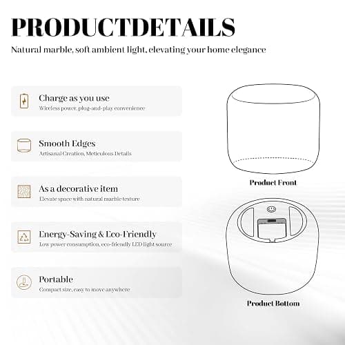 Marmor Marble Lamp Table Lamp Unique Lamp Type-C 3 Way Bedside Lamp Ambient Lighting for Bedroom Night Stands Night Light Decorative LED Warm Ambient Portable Lamp for Rechargeable (Eastern Jade Glow) thumbnail 9