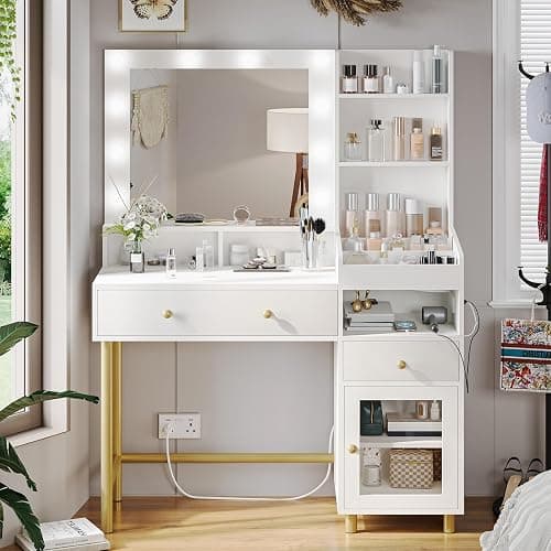 VIAGDO White Vanity Desk with Mirror and Lights, Makeup Vanity with Charging Station & 3 Storage Compartments, Makeup Desk with Drawers and Open Storage Shelves, Bedroom Dressing Table thumbnail 8