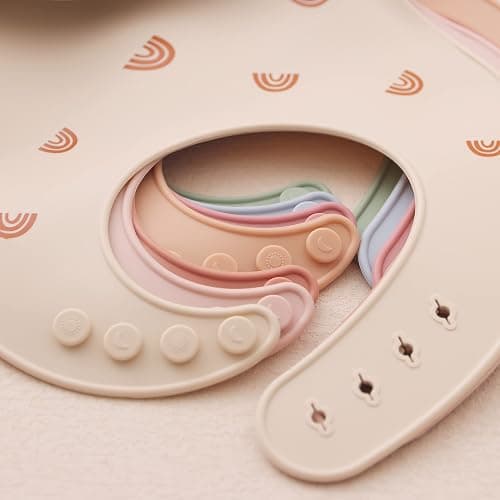 ROCCED Baby Silicone Bibs 2 Sets Baby Bibs with Food Catcher for Girls Boys Toddlers BPA Free Waterproof Soft Durable Adjustable Silicone Bibs for Babies-Shifting Sand/Pale Mauve thumbnail 5