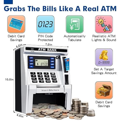 BAODLON Piggy Bank for Kids, ATM Machine Bank for Real Money with Debit Card, Bill Feeder, Coin Recognition, Balance Calculator, Electronic Savings Safe Box, Cool Stuff Toys Gifts for Teen Boys Girls thumbnail 3