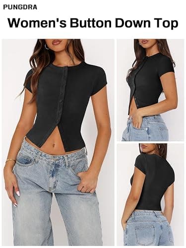 Pungdra Women's Button Down Shirt Cap Sleeve Tops for Women Button Up Ribbed Knit Slim Fit Casual Y2K Crop Going Out Top - Image 1