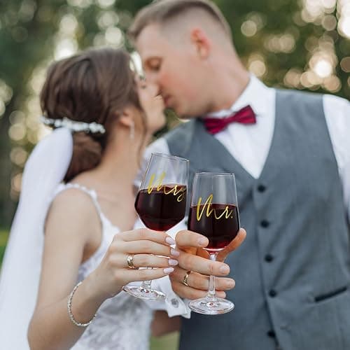 AW BRIDAL Mr and Mrs Wine Glasses Set of 2 for Engagement Bridal Shower, Wedding Gifts for Newlywed Couples 2026, Personalized Anniversary Wine Glass Gift Basket for Bride Groom and Fiance Fiancee thumbnail 2