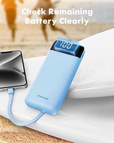 charmast Power Bank Portable Charger with Reinforced Built-in 4 Cables | 3A Fast Charging,10000mAh,6 Outputs 3 Inputs,Travel Essentials,TSA Compliant,LED Display,compatible with iPhone Samsung Moto thumbnail 7