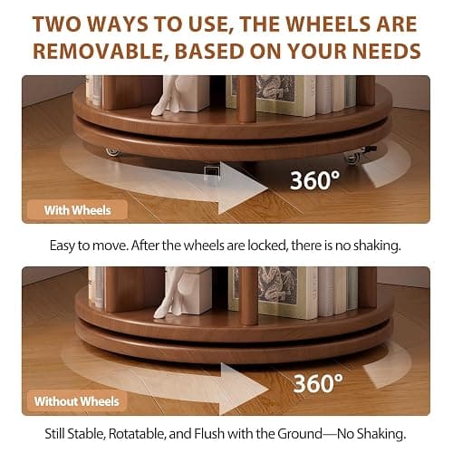 Muwuele Solid Wood Rotating Bookshelf on Wheels, 5 Tier, Round Revolving Bookcase, 360° Spinning Book Shelf Tower for Kids, Narrow Rolling Bookshelves for Small Space, Corner, Bedroom, Office, Walnut thumbnail 5