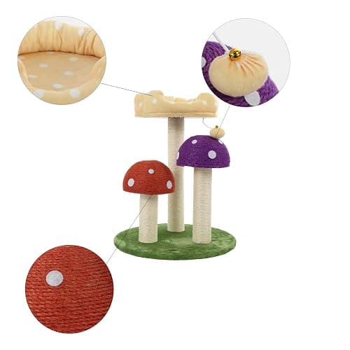 THE LICKER STORE CTR1001A Pixie 22.5" 3-Tier Cottage Sisal Mushroom Cat Tree with Scratching Posts, Napping Perch, and Dangling Bell Toy, Multi thumbnail 3