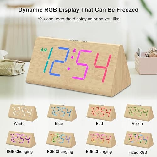 DreamSky Wooden Digital Alarm Clock for Bedroom - RGB Electric Desk Clock with Large Numbers, USB Port, Loud Alarm for Heavy Sleepers, Dimmer and Volume Control, Snooze, Wood Décor, Adapter Powered thumbnail 4