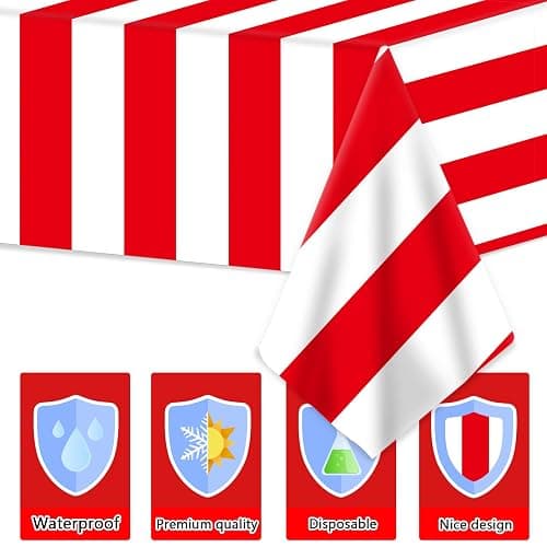 100Ft Long Tablecloth Roll Red and White Striped Tablecloth Carnival Circus Tent Party Supplies Halloween Christmas Plastic Picnic Table Cover for Birthday Party Circus Backdrop Banner Decoration thumbnail 4