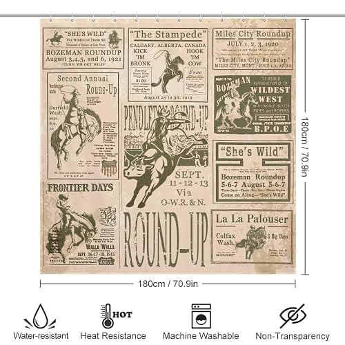 Western Shower Curtain, Cowboy Shower Curtain Western, Vintage Rodeo Round-Up Roman Home Bathtub Polyester Fabric 72x72in Farmhouse Country Decorations for Bathroom Bathtub Riding Horse - 72"W x 72"L (Pack of 1) thumbnail 2