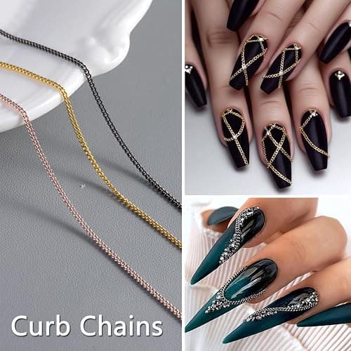 12 Strips Metal Chain 3D Nail Art Charms, Punk Alloy Nail Rivets Jewelry | Gold Silver Dark Gray Nail Chains, Gothic Manicure Accessories for Women, DIY Crafts Decorations thumbnail 7