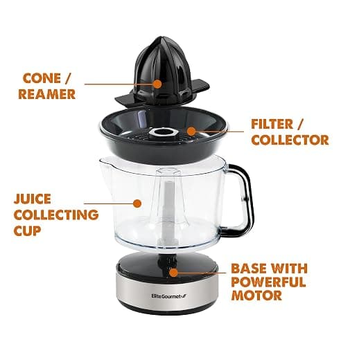 Elite Gourmet ETS623 BPA-Free 40-Watt Electric Citrus Juicer, Compact, Large Volume, Pulp Control, Oranges, Lemons, Limes, Grapefruits with Easy Pour Spout, 24oz, Black/Stainless Steel thumbnail 2