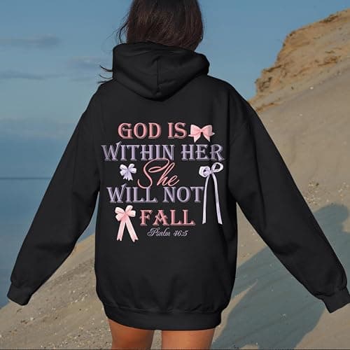 Cayxatiu God is Within Her She Will Not Fall Christian Hoodies for Women Jesus Bible Verse Hoodie Bow Hoodie thumbnail 6