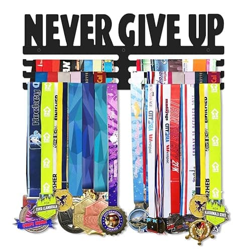 Bliocefo Medals Hanger Holder Display Steel Rack Hooks 15 inches Wall Mount Frame Over 60 Medals-Sports Medal Hook Storage Organizer Never Give Up Ribbon with Easy Hanging Bars Black 3 Lines - Image 1
