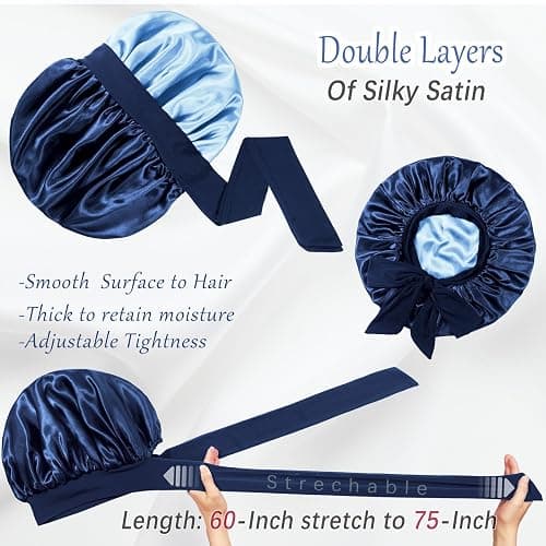 Double Layered Silk Satin Bonnet with Tie for Sleeping Black Women, Wide Band Large Hair Wrap Sleep Cap for Curly Hair Braid thumbnail 2
