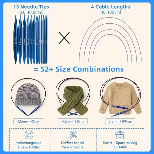 Interchangeable Circular Knitting Needles Set, 13 Pairs (26pcs) Aluminum Knitting Needles Kit, Sizes 3.0mm-10.0mm, Knitting Needle Case & Accessories, for Knitting Projects, Beginners & Advanced thumbnail 6