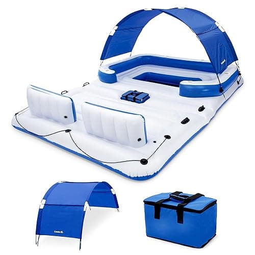 Bestway CoolerZ Tropical Breeze 6 Person Inflatable Party Island Large Relaxing Water Float with Detachable Sunshade and Cooler Bag - Blue/White