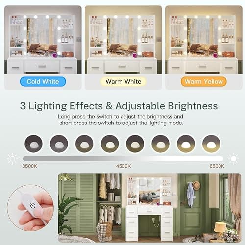 TEENFON Large Makeup Vanity, Vanity Desk with Mirror and Lights, Power Strip, Makeup Vanity Table with 7 Drawers, 4 Shelves and 5 Jewel Hooks, Bedroom, White thumbnail 4