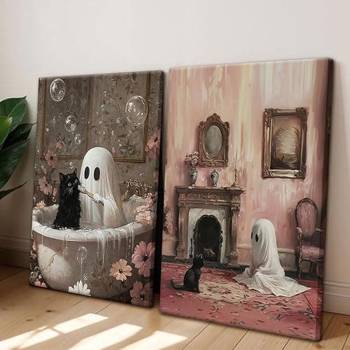 Doqueodas 2 Pcs Framed Vintage Ghost and Cat Canvas Wall Art, Gothic Dark Collegiate Style Paintings Artwork Fun Halloween Posters Prints for Bathroom Living Room Dormitory Wall Decor 12x16 Inch thumbnail 7