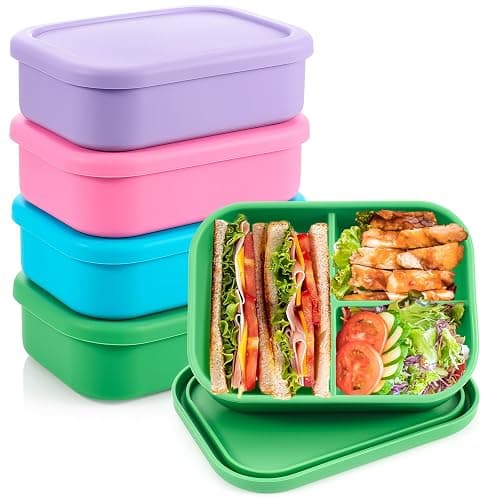 Layhit 4 Pcs Silicone Bento Box for Adults, 27 oz Bento Lunch Container Reusable Food Container for Women Men, Leak Proof Microwave Dishwasher Freezer Safe (3 Compartments,Bright Colors) - Image 1