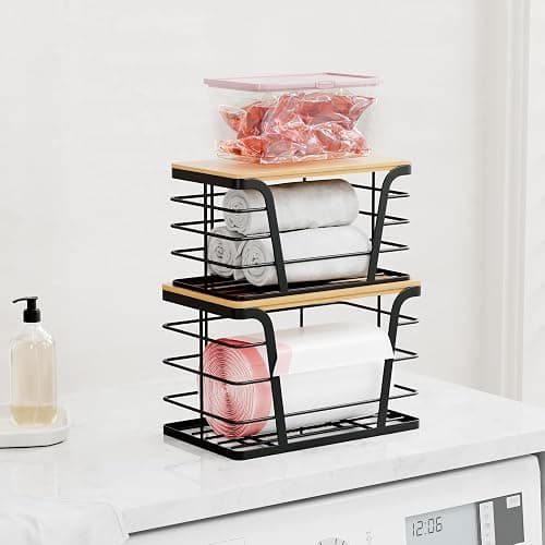 TIDIIABODE 2 Pack Stackable Storage Laundry Kitchen Organizers, Wall Mount Trash Bag Holder with Bamboo Top and Garbage Bag Dispenser No Drill thumbnail 6