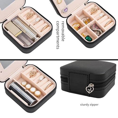 KElofoN Travel jewelry case Travel jewelry box Travel Jewelry Organizer Small Jewelry Organizer Box Gift for Girls Women with Mirror(Black) thumbnail 6