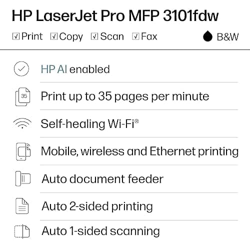 HP Laserjet Pro MFP 3101fdw Wireless Black & White All-in-One Laser Printer, Scanner, Copier, Fax, Best-for-Office (3G628F) thumbnail 2