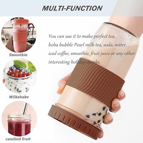 Amyoole 2 Pack Reusable Boba Cup,24Oz Wide Mouth Smoothie Cup,mason Jar Glass Cups with Lids and Straws,Bubble/Boba Tea Cups,Ice Coffee Tumbler 2 colored straws 1 sponge brush(Brown) thumbnail 4