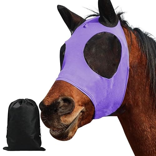 Horse Fly Mask Comfort Stretchy UV Protection Elasticity Fly Mask with Ears Mesh Breathability Horse Face Covering Purple Large - Image 1