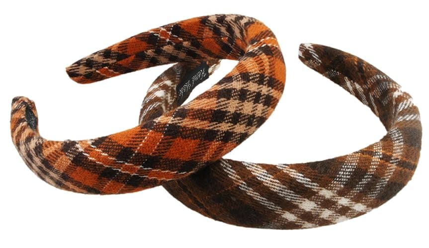 VIVIAN & VINCENT 2 Pack of Women's Headbands, Plaid Tartan | Top-knot buffalo-check hair bands pair red-black and black-white colorways for women and girls thumbnail 2
