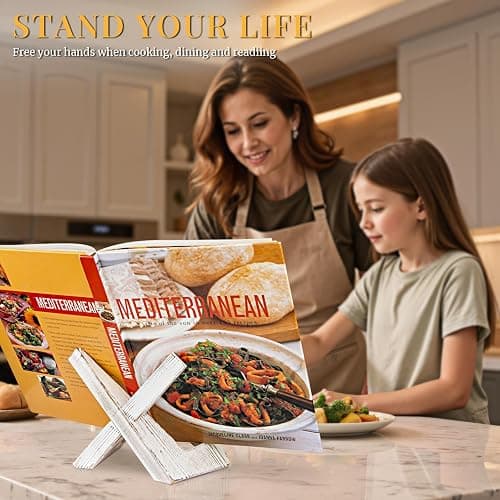 PUERSI Cookbook Stand for Kitchen, Recipe Book Holder for Kitchen Counter, Wooden Cookbook Holder, Rustic Cook Book Holder Stand - Farmhouse White thumbnail 2