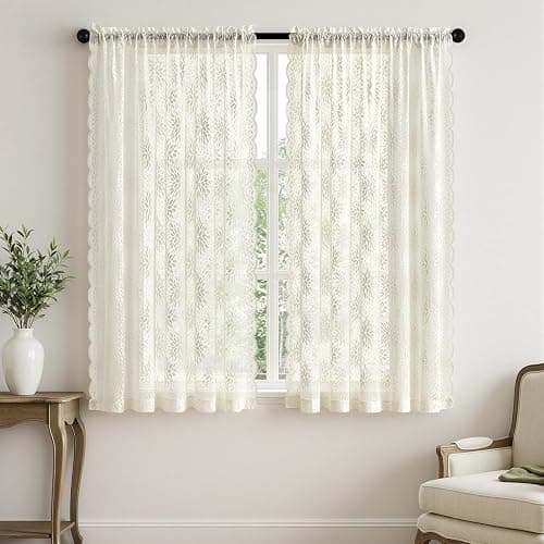 MIULEE Vintage Floral Scalloped Lace Curtains 2 Panels, Ivory 52" W x 63" L | Victorian Decorative Design, Short Semi Sheer Curtains, Light Filtering Rod Pocket Panels for Bedroom Living Room thumbnail 7