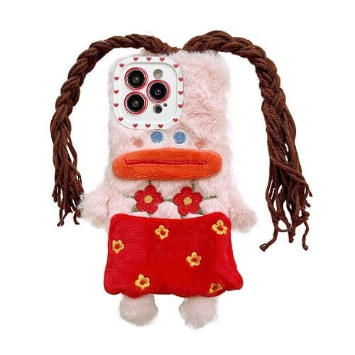 Tewwsdi Cartoon Funny Phone Cases for iPhone 14 pro max,Cute Fluffy Furry Case with DIY Girl Braids,Winter Warm Kids Teens Girls Women Plush Toys Case(Sausage Mouth Girl) - Sausage Mouth Girl - Image 1