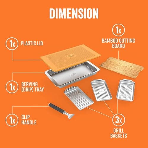 Yukon Glory™ BBQ 'N SERVE Premium Set, Includes 3 Grill Baskets, Serving Tray, Bamboo Cutting Board, Plastic Lid and Clip-on Handle thumbnail 6