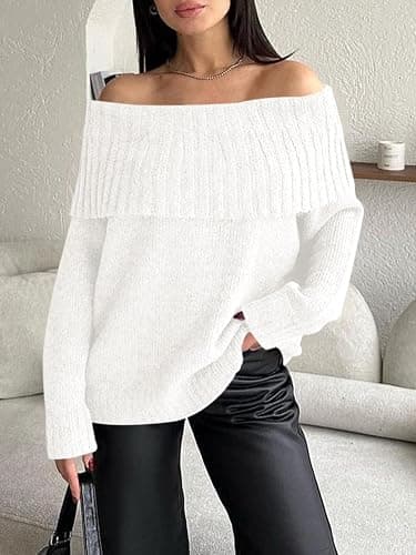 Saodimallsu Womens Off The Shoulder Sweaters Oversized Long Sleeve Loose Ribbed Knit Fall Trendy Pullover Tops thumbnail 4