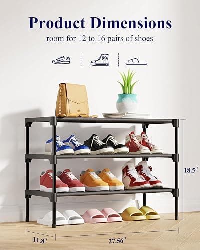 Kitsure Shoe Rack - Non-Woven Shoe Rack Shelf, Shoe Organizer for Closet, Entryway, Garage & Corridor, Stackable Shoe Shelves, 27.5" Wide - 3 Tier, Black thumbnail 3
