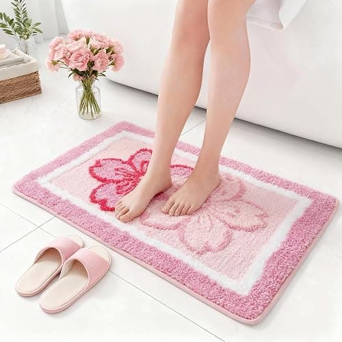 Boao Cherry Bath Mat Blossom Pink Flower Tufted Bathroom Rug Non Slip Soft Absorbent Tufted Cute Cherry Bathroom Accessories Decor for Bedroom Kitchen Floor Tub Shower Sink, 24 x 16 Inches thumbnail 3