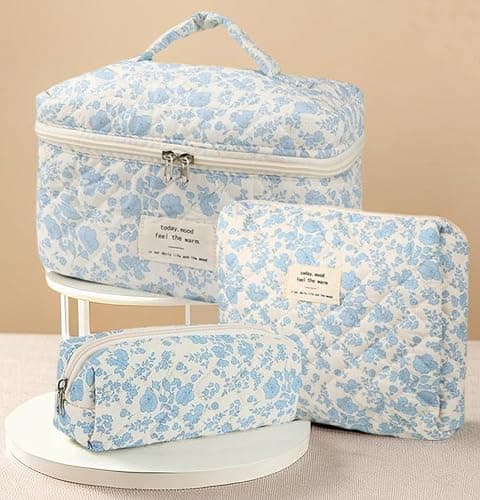 Dkieuyu 3Pcs Cotton Quilted Makeup Bag Set, Cute Floral Makeup Bags, Large Travel Coquette Make up Bag Cosmetic Bag Toiletry Organizer Bag for Women Girls (A) thumbnail 2