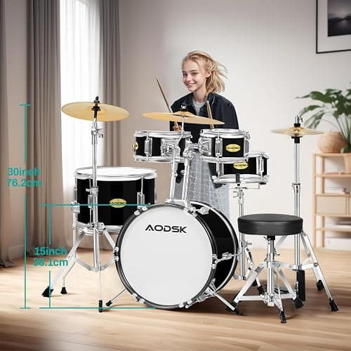AODSK 5 drums & 3 cymbals 14 Inch Drum Set, Complete Kit w/Throne & Sticks | All Hardware Included, Adjustable Stool, Bass Pedal, Perfect for Young Beginners, Music Class, Holiday Gift, Easy Setup thumbnail 4