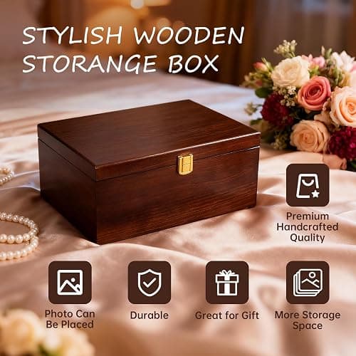 EVA murmure Larger Wooden Memory Wedding Keepsake Boxes With Hinged Lids - Decorative Storage Box With a Hinge Lids For Letter Time Capsule - Wooden Gift Boxes，5.3“*8.6”*11.7“ thumbnail 4