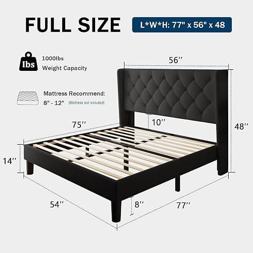 GalnFu Full Size Bed Frame with Button Tufted Headboard, Upholstered Platform Bed Frame with UnderBed Storage, Wooden Slats Supports, Noise Free, No Box Spring Needed, Easy Assembly, Black thumbnail 2