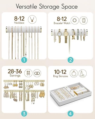 Vlando 3 Tier Necklace Holder Organizer with Tray, Leather Bracelet Holder Display for Women, Gold Jewelry Stand for Bracelet, Necklace, Earrings, Rings - White thumbnail 4