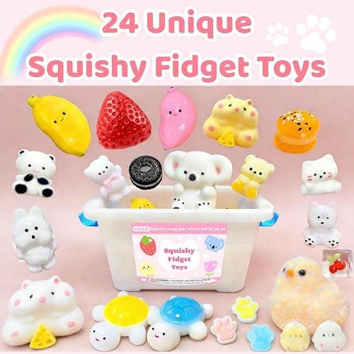 SUISUILE 24 Pack Squishy Toys Kit, Ultra-Soft Squishies with Keychain & Storage Box, Sticky Squishy Sensory Squeeze Toys, Include Hamster, Strawberry, Chick Squishies for Stress Relief Party Favors thumbnail 3