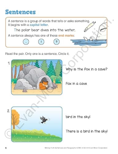 Evan-Moor Writing FUN Sentences and Paragraphs: Grades 1-3, Writing Basics for Kids, Practice, Subject and Predicate, Topic Sentences, Supporting Details, Closing Sentences, Workbook thumbnail 3