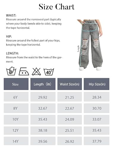 EXARUS Girls Jeans Wide Leg Pants Baggy Denim Ripped High Waisted with Pockets Teen Casual 6-14Y thumbnail 7