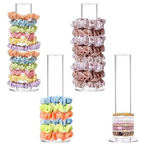 Pack of 4 Acrylic Scrunchie Holder, Clear Hair Tie Organiser Stand, Bracelet Stand, Cute Room Decoration for Jewellery, Bracelet, Headband Accessories, Display Tower, Teenager Girls Gifts - Image 1
