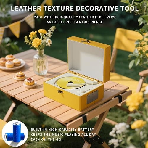 Yintiny Rechargeable Leather CD Player with Speakers; Bluetooth Transmitter; Festival Gift; BGM Player for Home Décor (Yellow) thumbnail 7